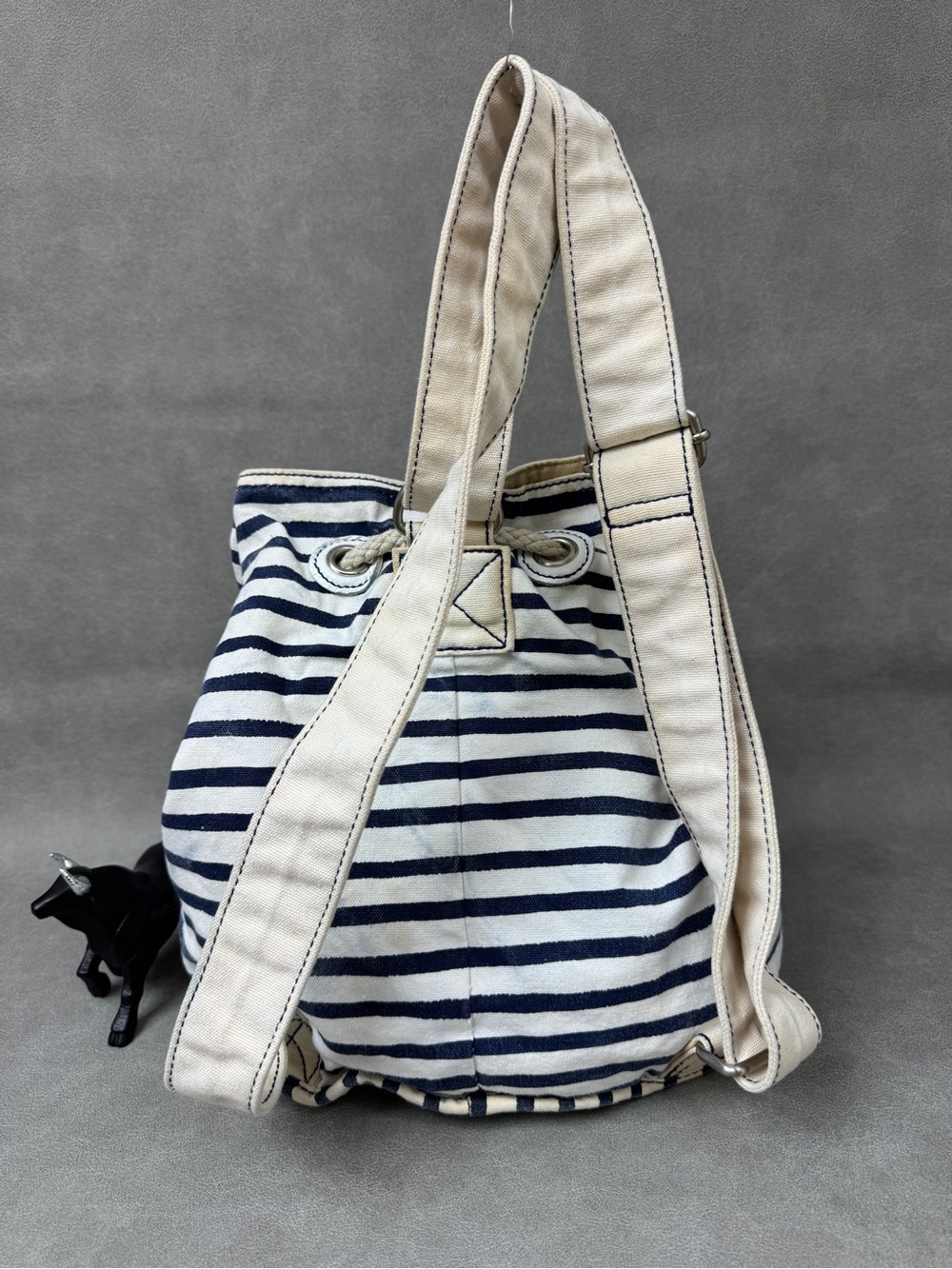 Striped Navy & Cream Rope-Drawstring Canvas Backpack - Picture 3 of 11